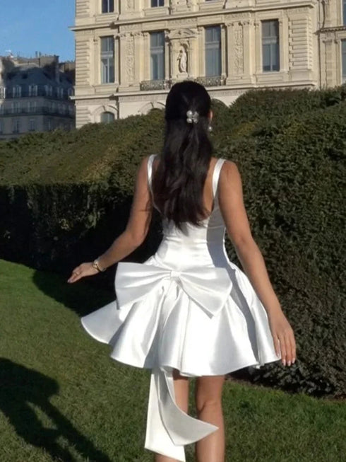 Satin Mini Dress for Women with Big Bow and Backless Design